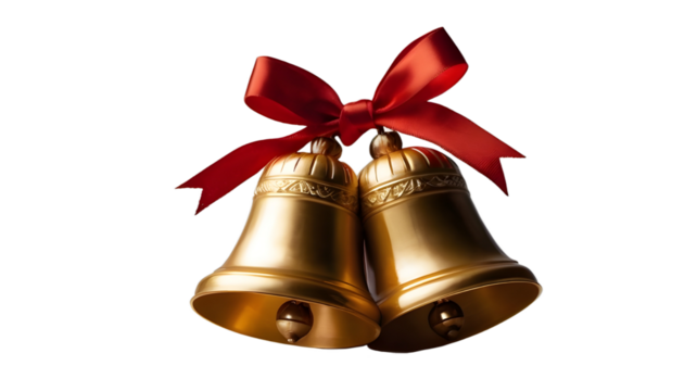 christmas bells , golden bells with red bow ribbon isolated on white, transparent background png - Powered by Adobe