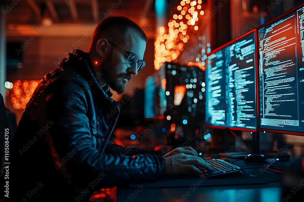 Poster A focused individual working on coding tasks in a dimly lit tech environment.