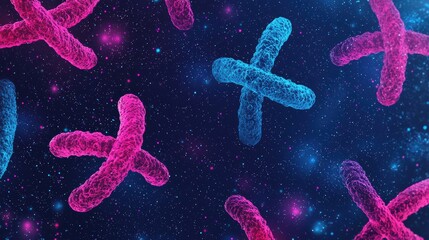 Abstract representation of chromosomes in vibrant colors, showcasing a digital or scientific theme with a cosmic background.