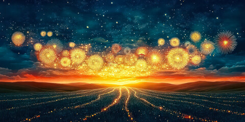 Fototapeta premium Spectacular Diwali Fireworks Illuminate Night Sky Above Serene Open Field Landscape