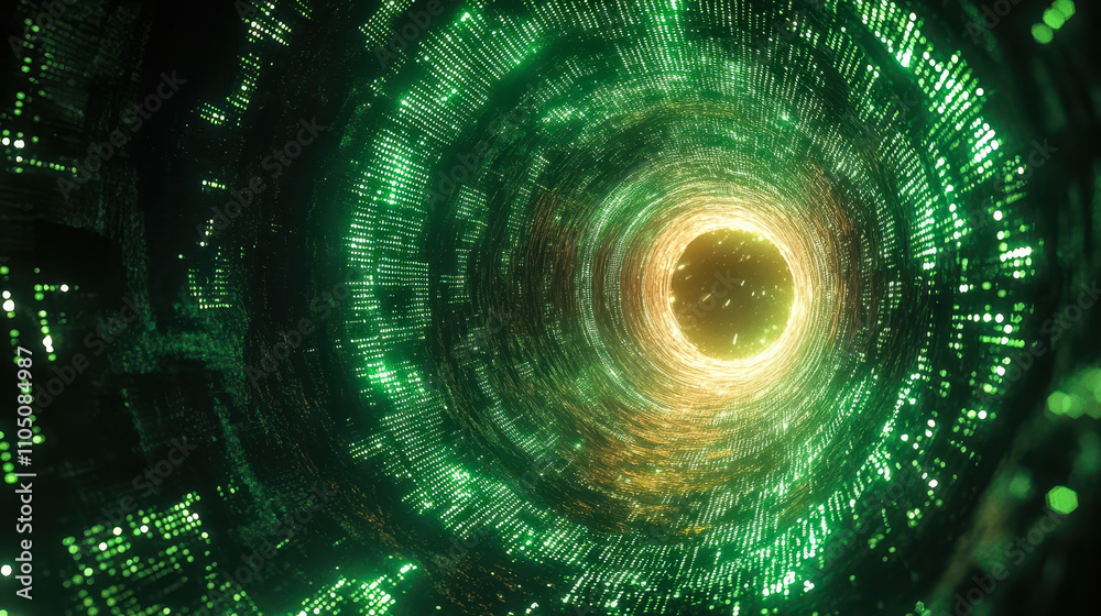 Poster futuristic green binary code matrix with circular digital gateway vortex