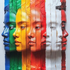 Obraz premium The image features colorful, painted faces arranged in a layered fashion, showcasing diversity and artistic expression.