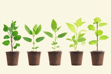 Growing Young Trees: Reforestation Collection of Potted Saplings with Leafy Foliage