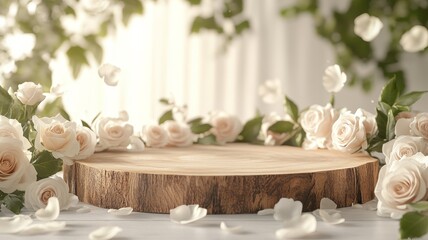 Wooden Slice with Cream Roses  Petals   Green Leaves