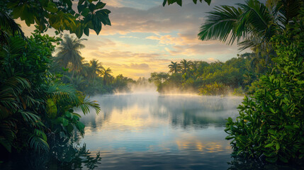 Obraz premium peaceful lagoon at dawn with mist hovering above water, surrounded by lush greenery and palm trees. serene atmosphere evokes tranquility and natural beauty