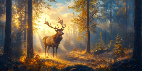 A majestic stag stands in a sunlit forest, surrounded by trees and autumn foliage.