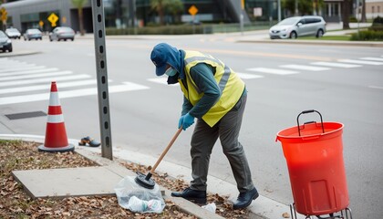 Fototapeta premium A worker cleans grass and trash on the side of the road