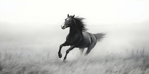 Obraz premium A majestic black horse galloping through a misty field, embodying freedom and grace.