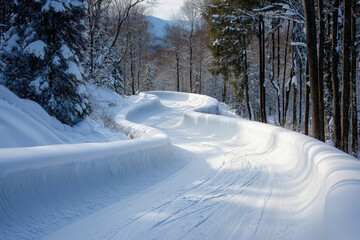 Obraz premium A snow-covered luge track winding down a mountain slope, with icy edges and gentle curves