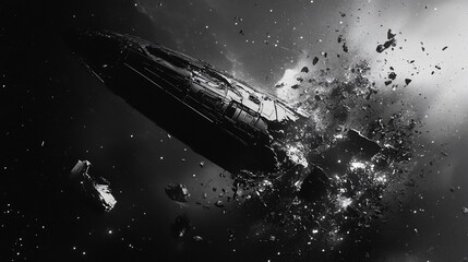 Spaceship exploding in space, debris field.