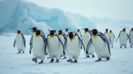 Fototapeta premium Design an image of penguins waddling together in a tight-knit formation across the ice. The snowy landscape and falling snowflakes evoke a sense of community and survival in the cold.