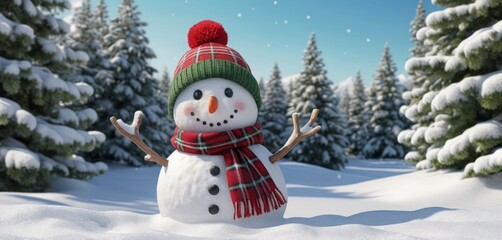 A happy snowman in a plaid red green hat, scarf, and carrot nose, surrounded by snowflakes and a Christmas tree, symbolizes winter joy and holiday