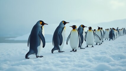 Fototapeta premium Design an image of penguins waddling together in a tight-knit formation across the ice. The snowy landscape and falling snowflakes evoke a sense of community and survival in the cold.
