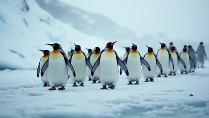 Obraz premium Design an image of penguins waddling together in a tight-knit formation across the ice. The snowy landscape and falling snowflakes evoke a sense of community and survival in the cold.