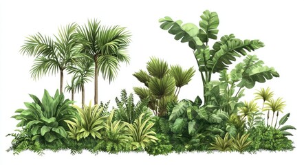 Lush Jungle Flora: Vibrant Group of Diverse Green Plants on Ground Against White Backdrop