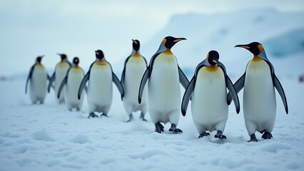 Fototapeta premium Design an image of penguins waddling together in a tight-knit formation across the ice. The snowy landscape and falling snowflakes evoke a sense of community and survival in the cold.