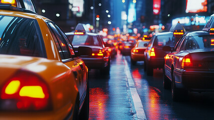 Rainy Night Traffic  City Street  Cars  Taxicabs  Lights