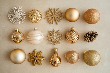 Fototapeta premium Gold and Beige Christmas Ornaments Arranged Aesthetically