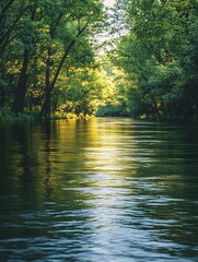Fototapeta premium A broad, slow-moving river lined with dense trees, ideal for rafting. The water surface is calm, reflecting the serene surroundings. No rafts or people, evoking the peacefulness of nature.