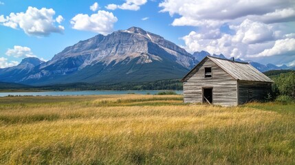 Obraz premium Charming Wooden Cottage by Tranquil Waters: A Scenic Retreat in the Heart of the Canadian Rockies