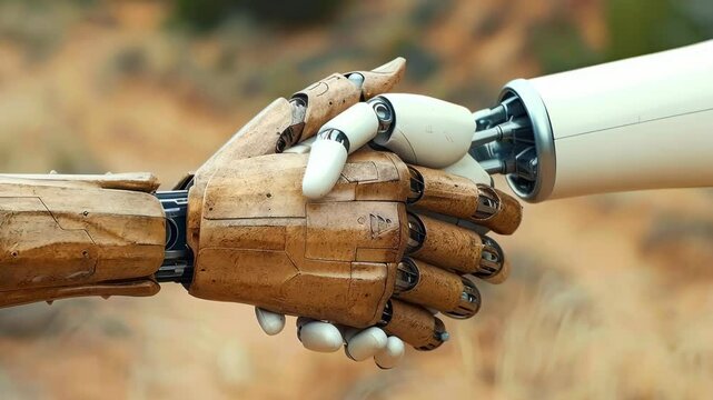 Two different robotic hands reaching out to each other against a desert background