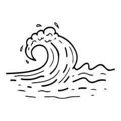 Sea wave hand drawn doodle. Storm in the ocean. Water splash. Surfing. Tsunami. Waves with foam. High or low tide time. Vector line art illustration.