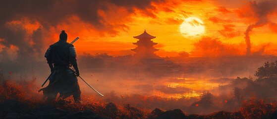 Ultrawide view of a samurai in action, katana raised, with a vibrant Japanese sunset and traditional architecture in the background.