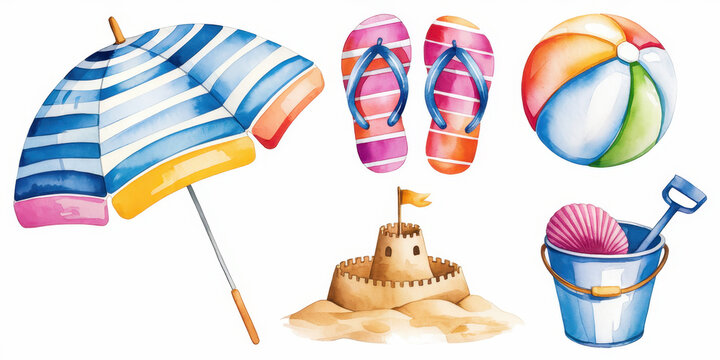 Summer Fun Watercolor Collection: Beach umbrella, flip-flops, beach ball, sandcastle, bucket, and spade. Perfect for summer designs and invitations.  