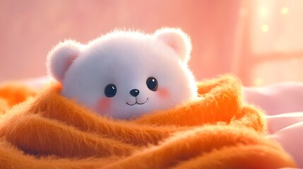 Fototapeta premium A cute, fluffy bear peeks out from an orange blanket, evoking warmth and comfort.