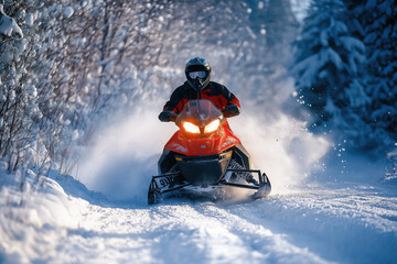 A snowmobile zooming across a snowy field, leaving a trail of snow in its wake