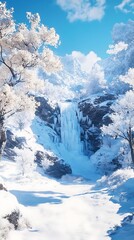 Obraz premium Frozen Waterfall Winter Wonderland: A Serene Escape in a Snowy Mountain Paradise