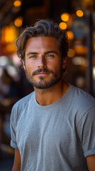 Obraz premium Handsome casual dressed man with different with clean shave with Street CafÃ© background.