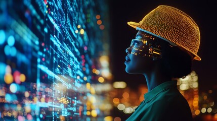 Woman Engineer Futuristic Tech Night City Lights Data