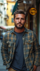 Fototapeta premium Handsome casual dressed man with different with clean shave with Street CafÃ© background.