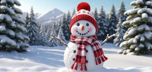 A happy snowman in a plaid red hat, scarf, and carrot nose, surrounded by snowflakes and a Christmas tree, symbolizes winter joy and holiday cheer