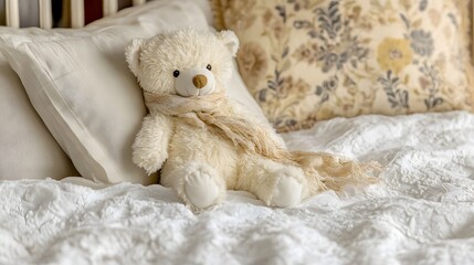 A cozy teddy bear resting on a plush bed with decorative pillows.
