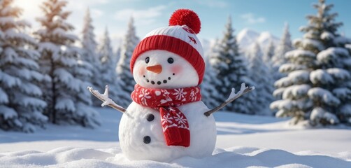Naklejka premium A happy snowman in a gingham red hat, scarf, and carrot nose, surrounded by snowflakes and a Christmas tree, symbolizes winter joy and holiday cheer