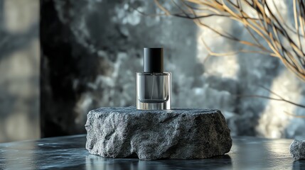 A perfume bottle on a stone platform with a gray background and dried plants.