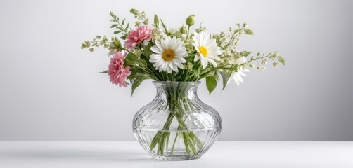 Naklejka premium A glass vase with colorful flowers arranged beautifully on a white background