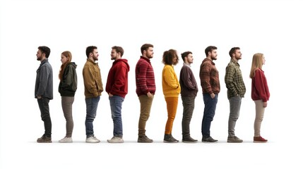 Obraz premium Group of people standing in a line with half facing forward and half facing sideways isolated on a white background, png
