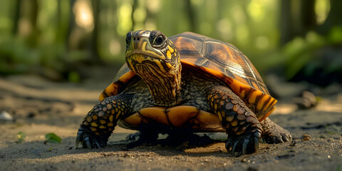 A close-up of a turtle in a forest setting, showcasing its detailed shell and surroundings.