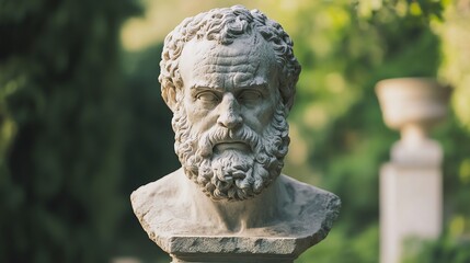 A close-up of a white marble bust of an ancient Greek man with a beard.