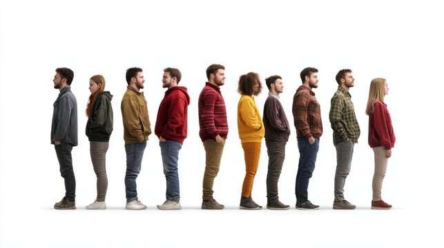 Group of people standing in a line with half facing forward and half facing sideways isolated on a white background, png