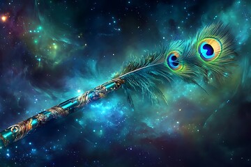 A mystical flute decorated with colorful peacock feathers, representing an ethereal connection to the heavens.