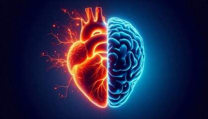 Fiery glowing human heart and cool blue brain, symbolizing emotions versus logic, creativity, science, mind, body, abstract energy, contrast, technology, vibrant futuristic concept