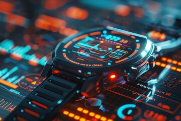Futuristic smartwatch on glowing interface.