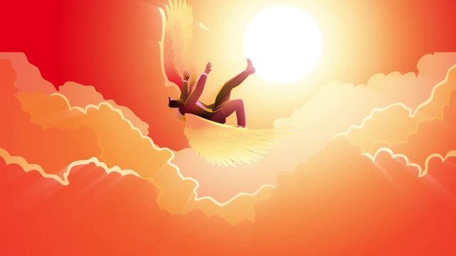 Animation depicting the story of Icarus as a metaphor for excessive ambition or overcompensation in the business world. Illustrating themes of risk-taking, hubris, and the consequences of overreaching