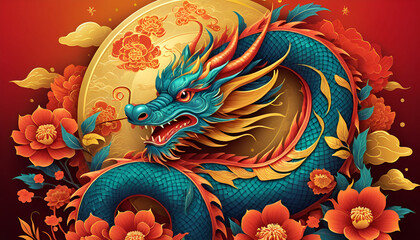 Obraz premium Happy chinese new year 2025 the dragon zodiac sign with flower,lantern,asian elements gold paper cut style on color background.
