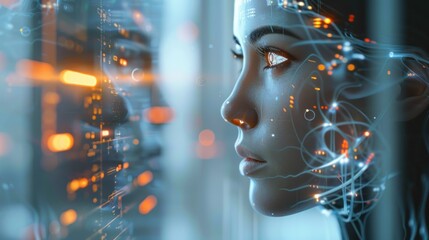 Artificial intelligence humanoid cyber woman with blurred laboratory background, AI generated image