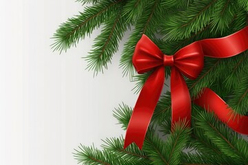 Festive Green Pine Branches Adorned With A Red Bow